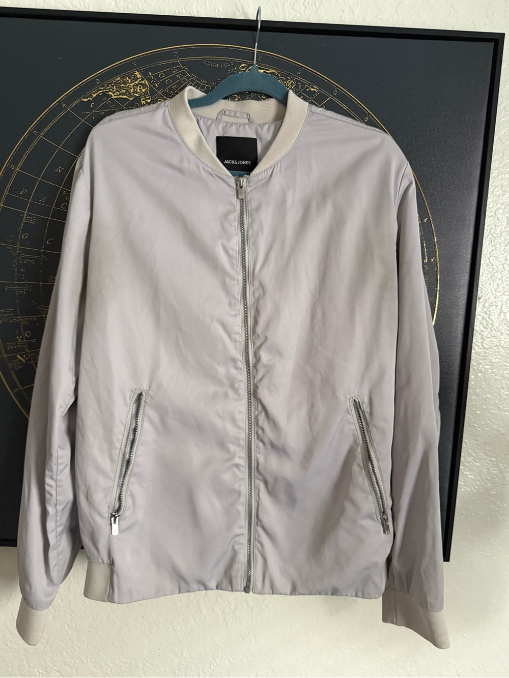 Jack & Jones Pale Gray Bomber Jacket with Cream Ribbing